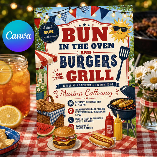 Bun in the Oven Burgers on the Grill Baby Shower Invitation — editable Canva template