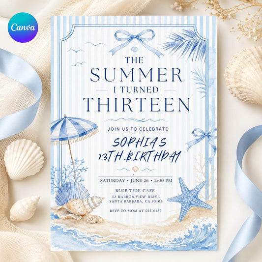 The Summer I Turned Thirteen Invitation, Coastal Beach 13th Birthday Girl Seashell Party, Editable Printable Canva Template