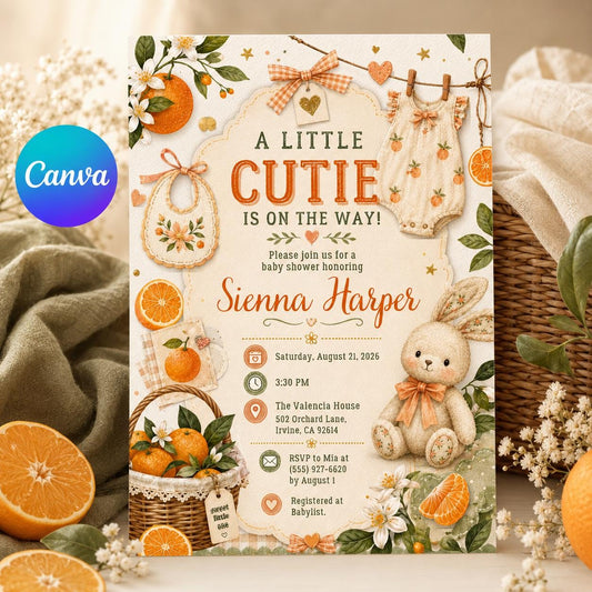Orange Floral Little Cutie Baby Shower Invitation for Girls — editable Canva template