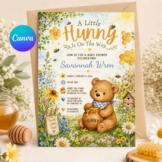 Floral Little Hunny Baby Shower Invitation — editable Canva template