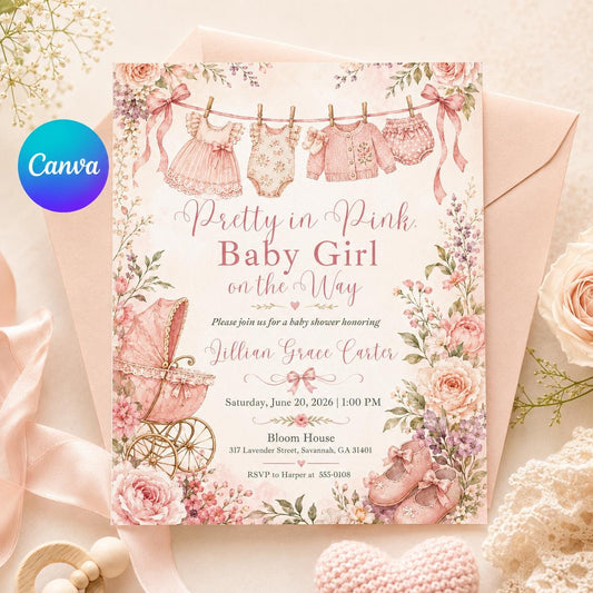 Floral Vintage Pretty in Pink Baby Shower Invitation for Girls — editable Canva template