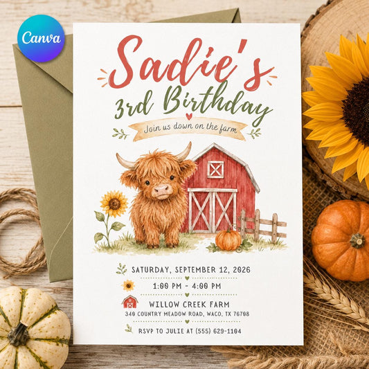 Farm Birthday Invitation, Highland Cow Barnyard Party Invite, Editable Printable Girl 3rd Birthday Canva Template