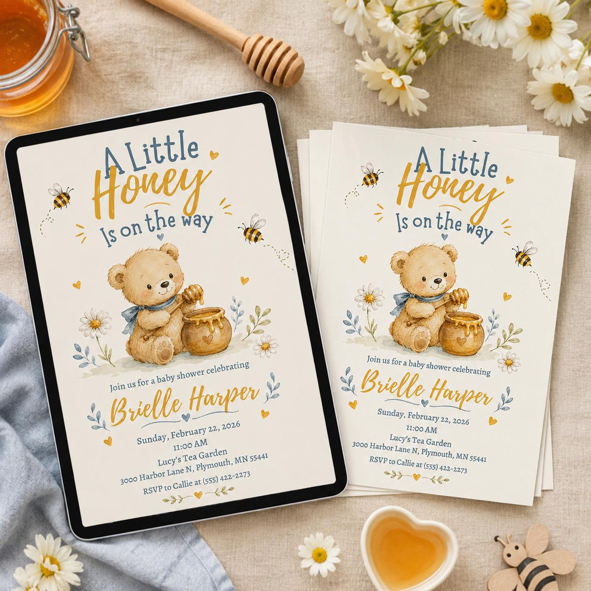 A Little Honey Baby Shower Invitation, Honey Bee Teddy Bear Invite, Gender Neutral Printable Canva Template