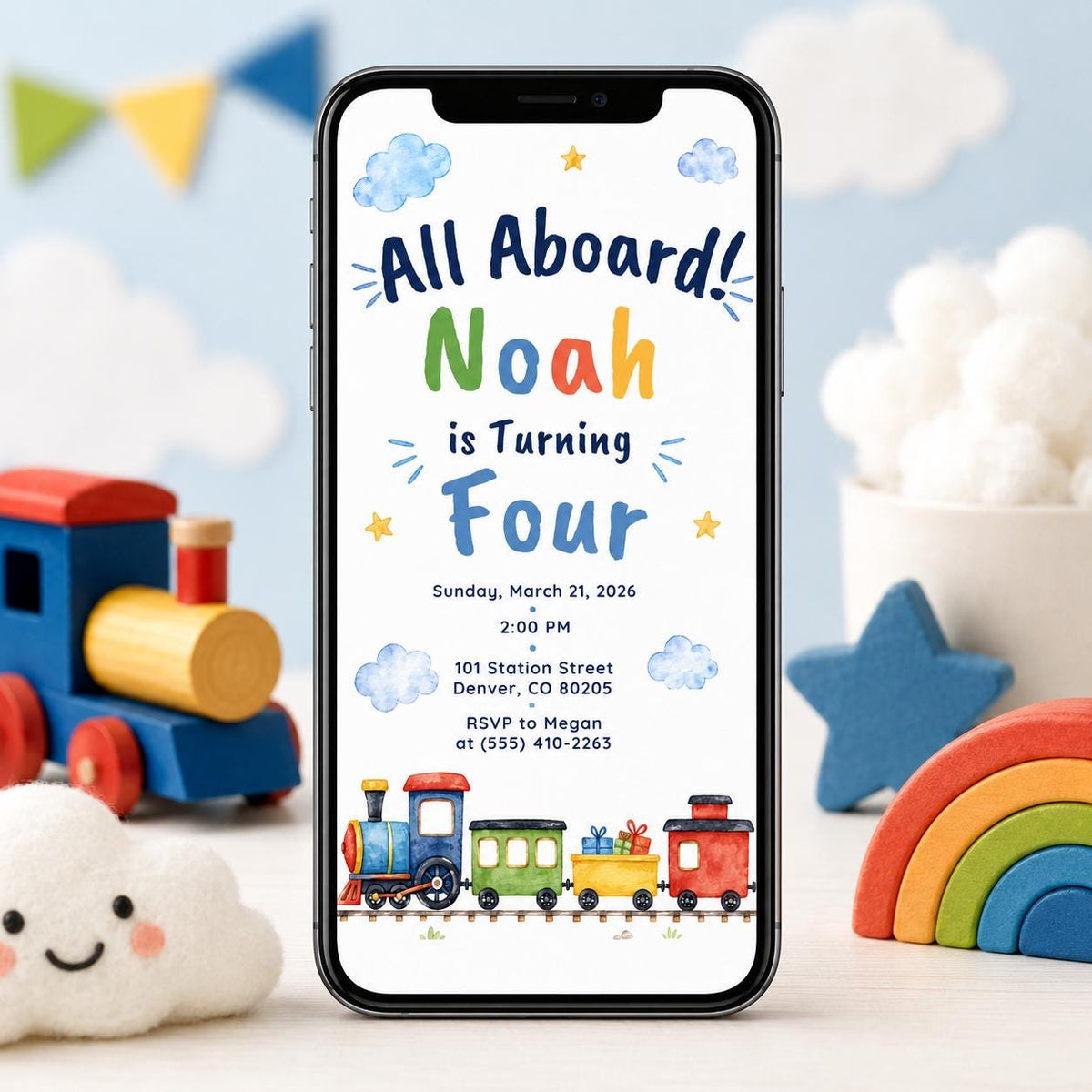 Train Birthday Invitation, All Aboard 4th Birthday Party Invite, Editable Printable Boy Canva Template