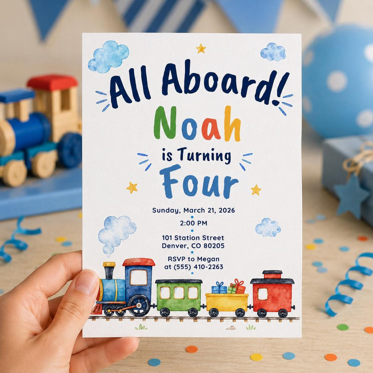 Train Birthday Invitation, All Aboard 4th Birthday Party Invite, Editable Printable Boy Canva Template
