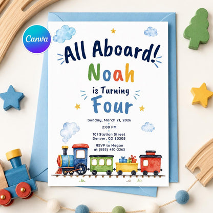 Train Birthday Invitation, All Aboard 4th Birthday Party Invite, Editable Printable Boy Canva Template