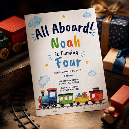 Train Birthday Invitation, All Aboard 4th Birthday Party Invite, Editable Printable Boy Canva Template