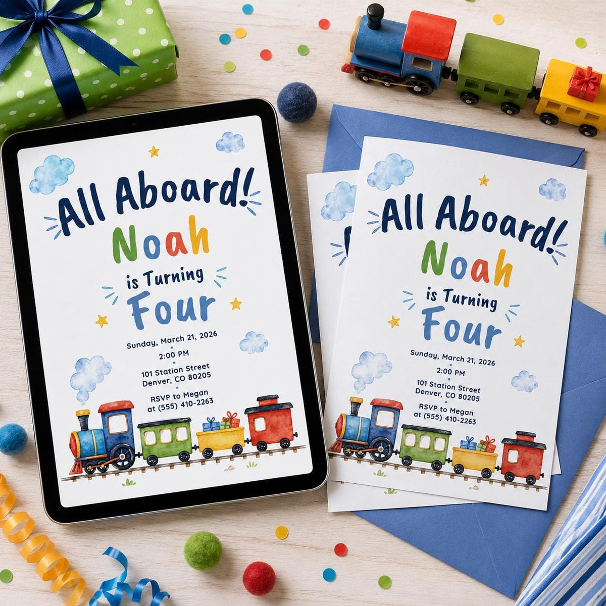 Train Birthday Invitation, All Aboard 4th Birthday Party Invite, Editable Printable Boy Canva Template