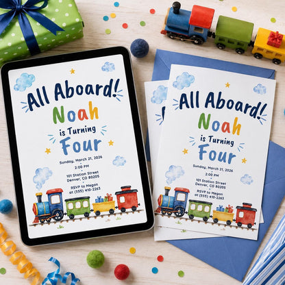 Train Birthday Invitation, All Aboard 4th Birthday Party Invite, Editable Printable Boy Canva Template