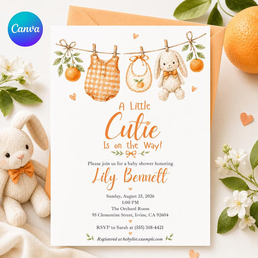 Little Cutie Baby Shower Invitation, Orange Citrus Girl Invite, Editable Printable Canva Template