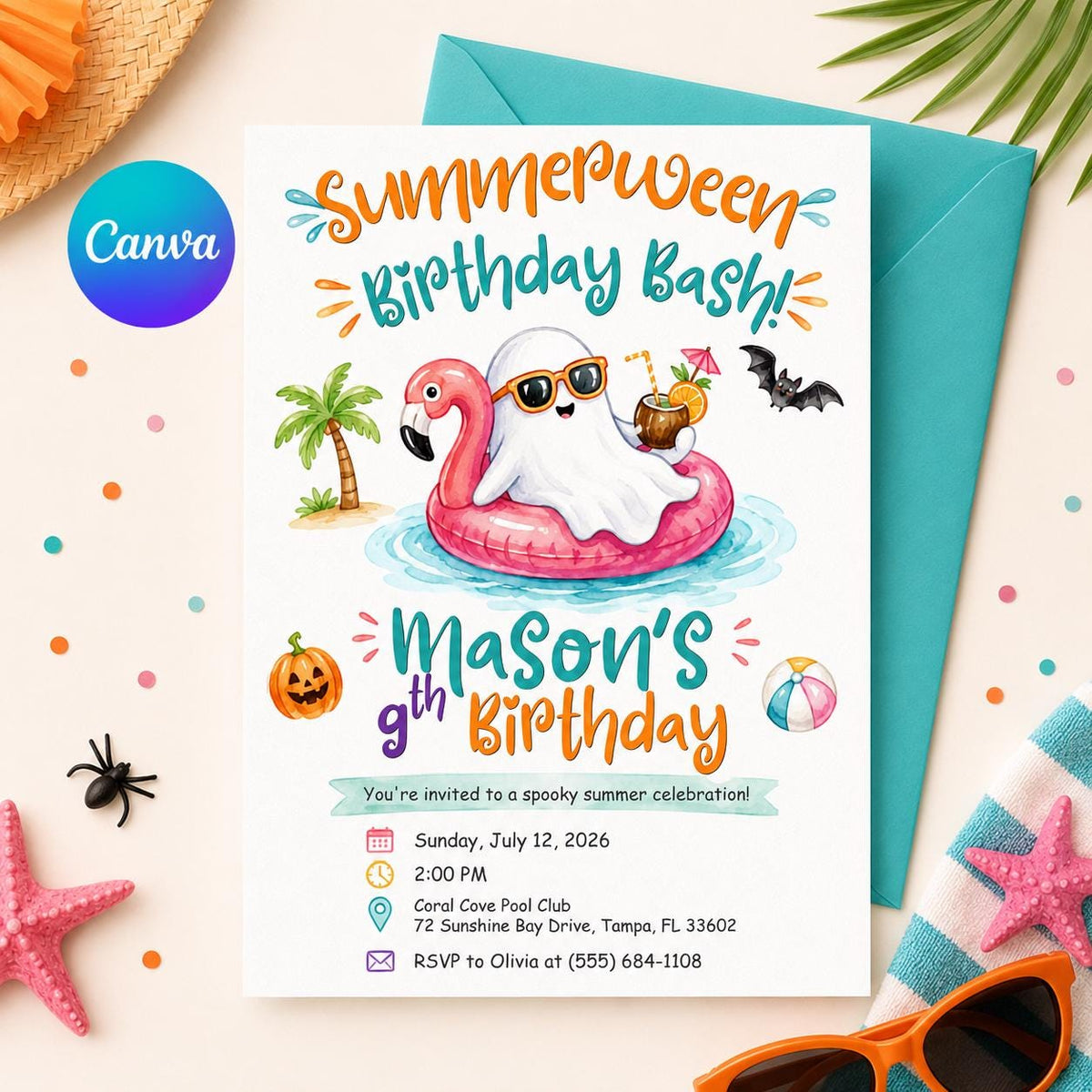 Summerween Birthday Invitation, Ghost Pool Party Halloween in July Editable Printable Canva Template