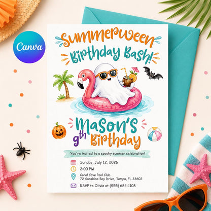 Summerween Birthday Invitation, Ghost Pool Party Halloween in July Editable Printable Canva Template