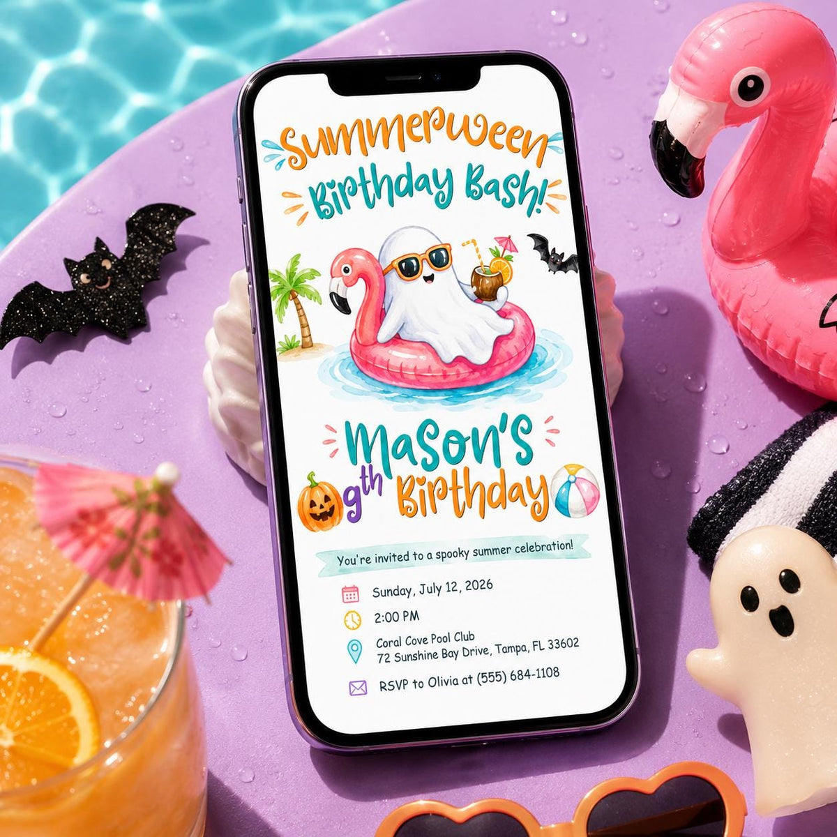 Summerween Birthday Invitation, Ghost Pool Party Halloween in July Editable Printable Canva Template