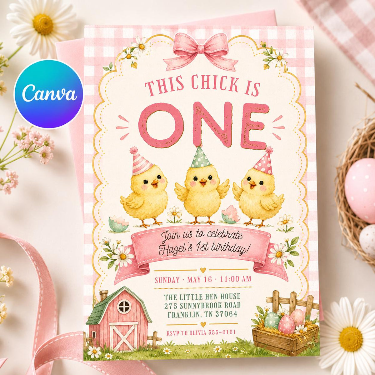 Pink Gingham This Chick Is One Birthday Invitation for Girls — editable Canva template