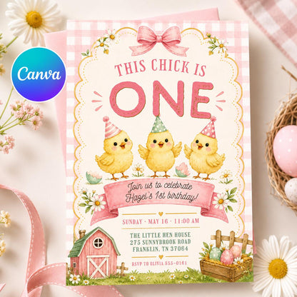 Pink Gingham This Chick Is One Birthday Invitation for Girls — editable Canva template
