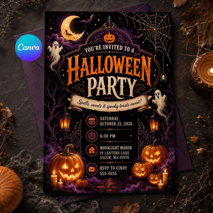 Vintage Halloween Party Invitation — editable Canva template