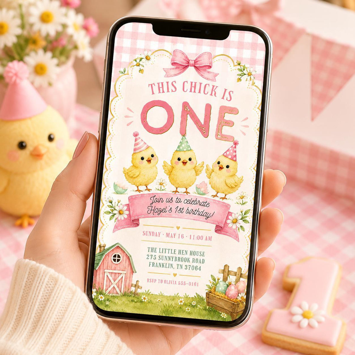Pink Gingham This Chick Is One Birthday Invitation for Girls — digital invitation, instant download