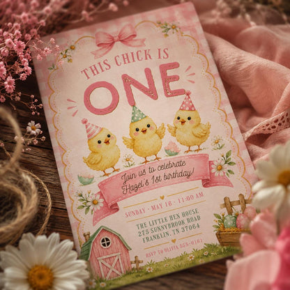 Pink Gingham This Chick Is One Birthday Invitation for Girls — first birthday stationery by VoltBy