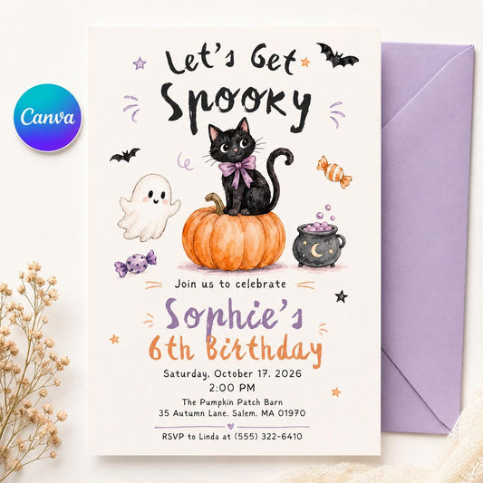 Black Cat and Pumpkin Spooky Birthday Invitation — editable Canva template