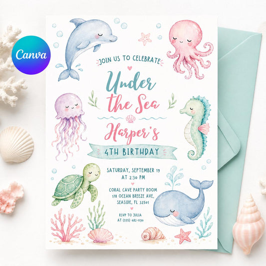Under the Sea Birthday Invitation Girl Ocean Animals 4th Birthday Editable Printable Canva Template