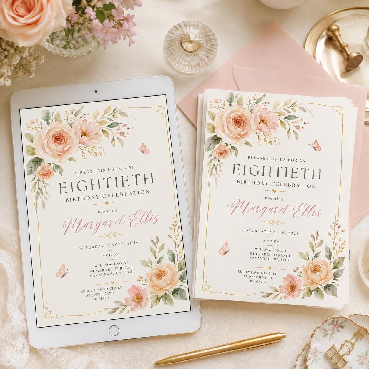 80th Birthday Invitation, Elegant Blush Floral Women Birthday Party Editable Printable Canva Template