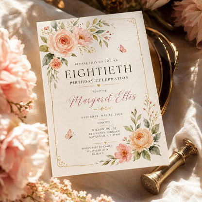 80th Birthday Invitation, Elegant Blush Floral Women Birthday Party Editable Printable Canva Template