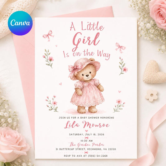 Pink Teddy Bear Baby Shower Invitation for Girls — editable Canva template