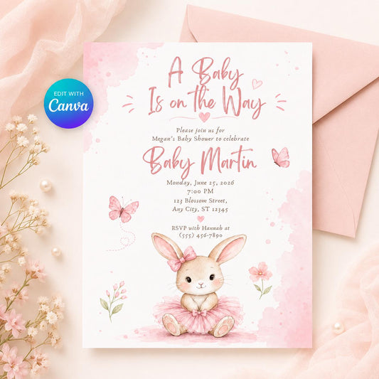 Pink Floral Bunny Baby Shower Invitation for Girls — editable Canva template