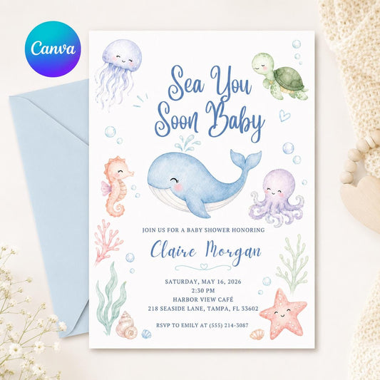 Sea You Soon Baby Shower Invitation, Ocean Under the Sea Invite Editable Printable Canva Template