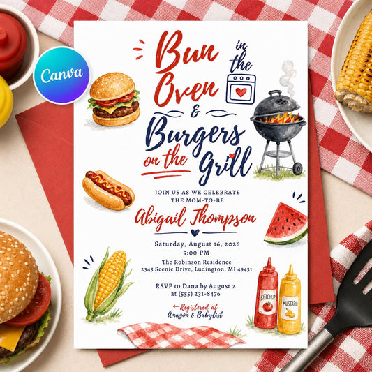 BBQ Baby Shower Invitation — editable Canva template