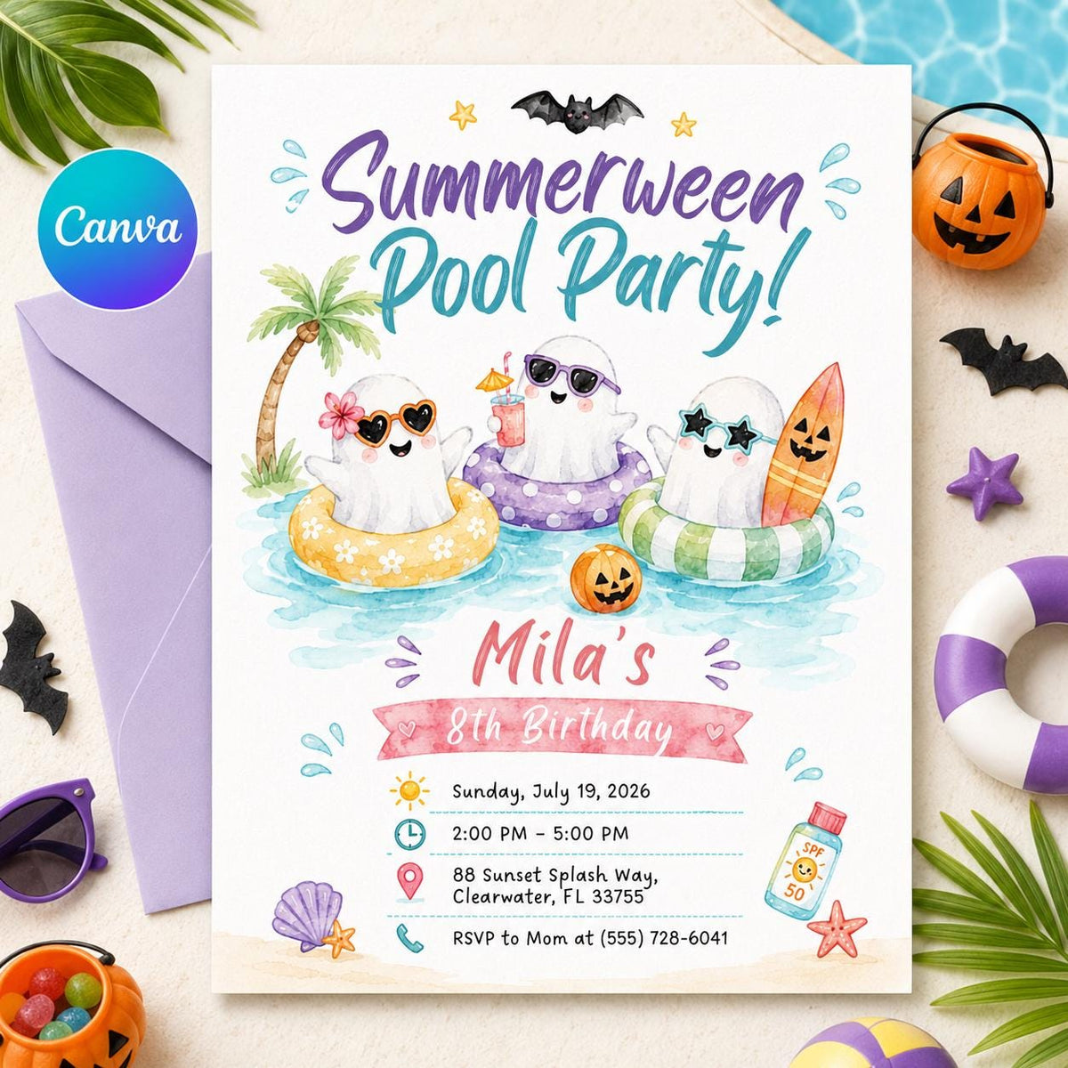 Summerween Pool Party Invitation, Ghost Halloween Birthday Invite Editable Printable Canva Template