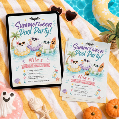 Summerween Pool Party Invitation, Ghost Halloween Birthday Invite Editable Printable Canva Template