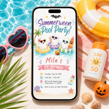 Summerween Pool Party Invitation, Ghost Halloween Birthday Invite Editable Printable Canva Template