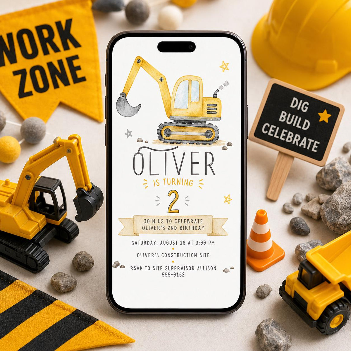Construction Birthday Invitation, Excavator Truck 2nd Birthday Party Printable Editable Canva Template