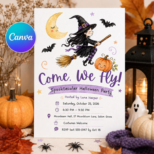 Witch Halloween Party Invitation — editable Canva template