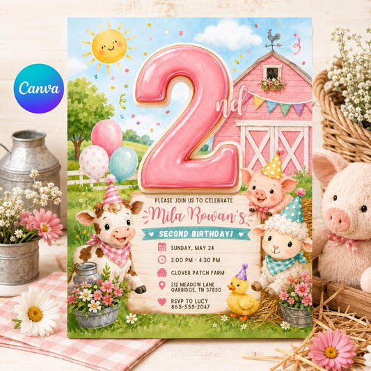 Farm 2nd Birthday Invitation, Pink Barnyard Farm Animal Girl Party Invite, Printable Canva Template