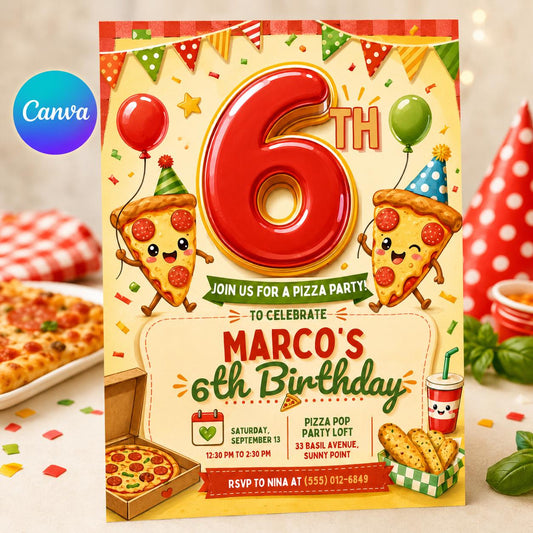 Pizza Party Birthday Invitation, Cute 6th Birthday Food Party Invite, Editable Printable Canva Template