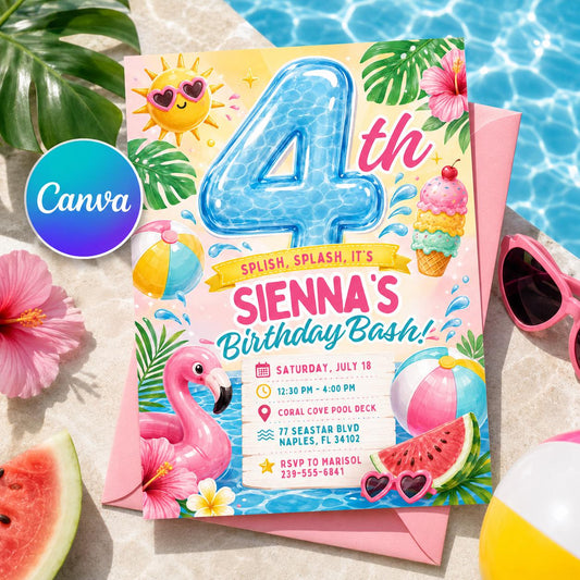 Flamingo Pool Party Birthday Invitation for Girls — editable Canva template