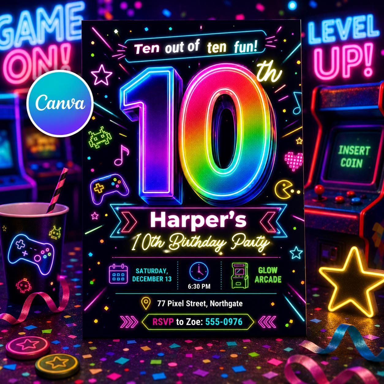 Neon Glow Birthday Invitation, Arcade 10th Party Invite Tween Teen Printable Canva Template