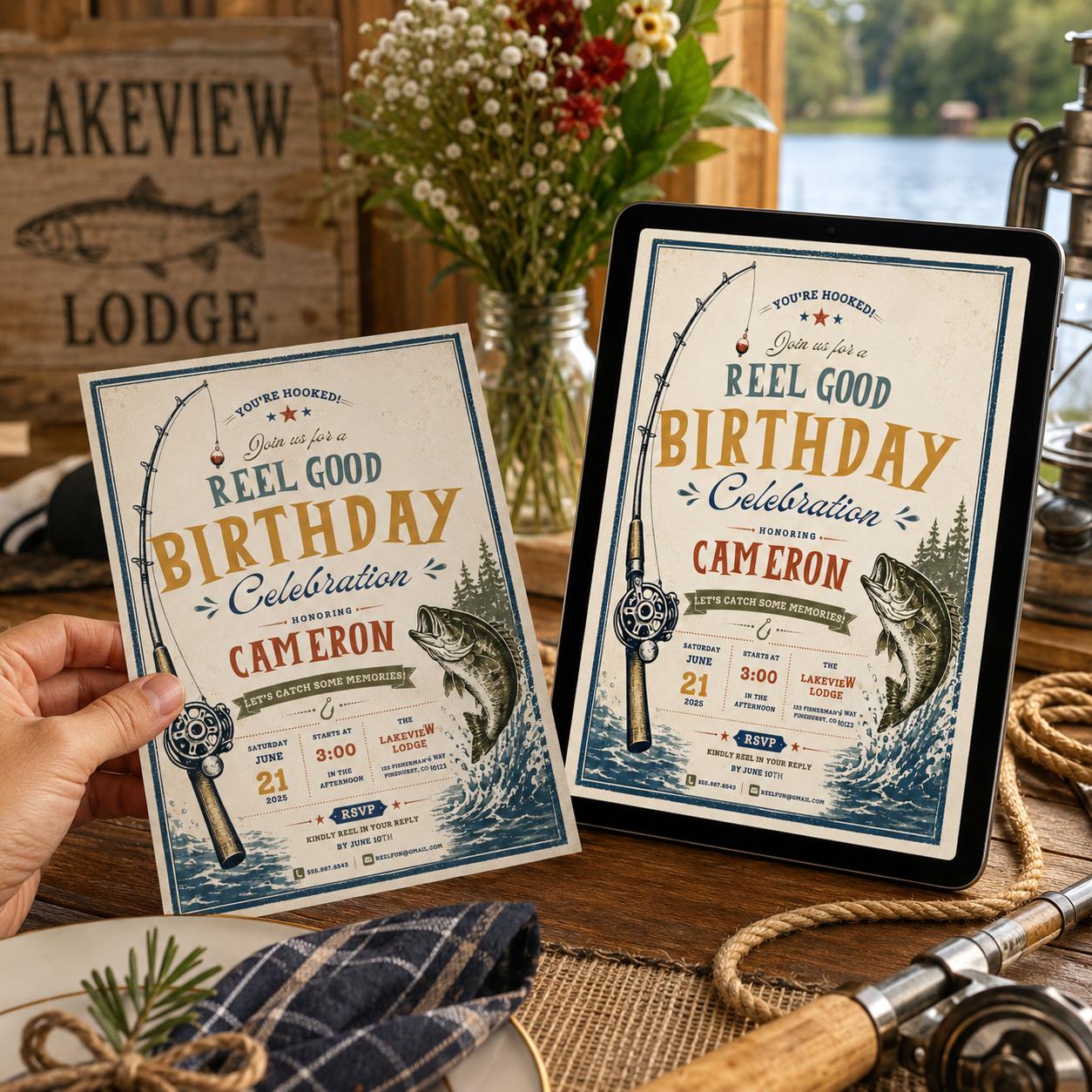 Fishing Birthday Invitation, Reel Good Birthday Party Invite Vintage Printable Editable Canva Template