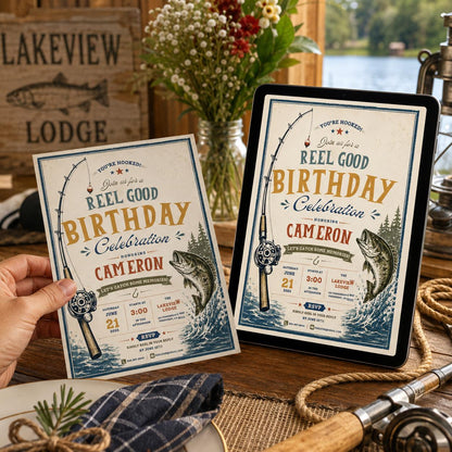 Fishing Birthday Invitation, Reel Good Birthday Party Invite Vintage Printable Editable Canva Template