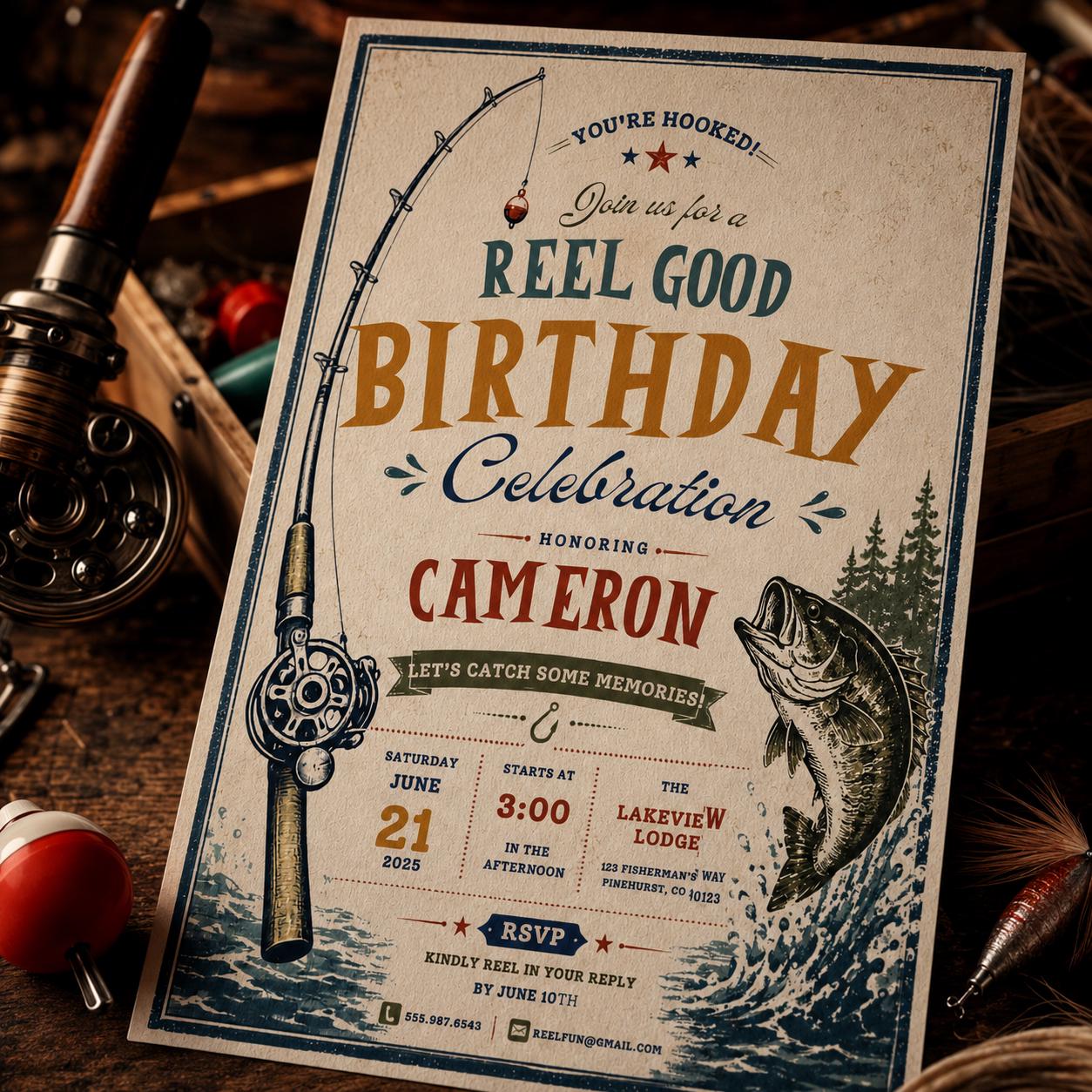 Fishing Birthday Invitation, Reel Good Birthday Party Invite Vintage Printable Editable Canva Template