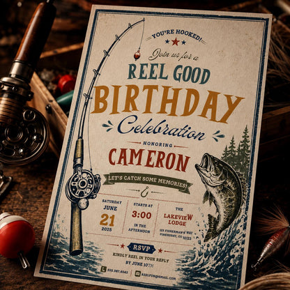Fishing Birthday Invitation, Reel Good Birthday Party Invite Vintage Printable Editable Canva Template
