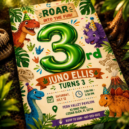 Dinosaur Birthday Invitation, Three Rex 3rd Birthday Party Invite, Editable Printable Canva Template