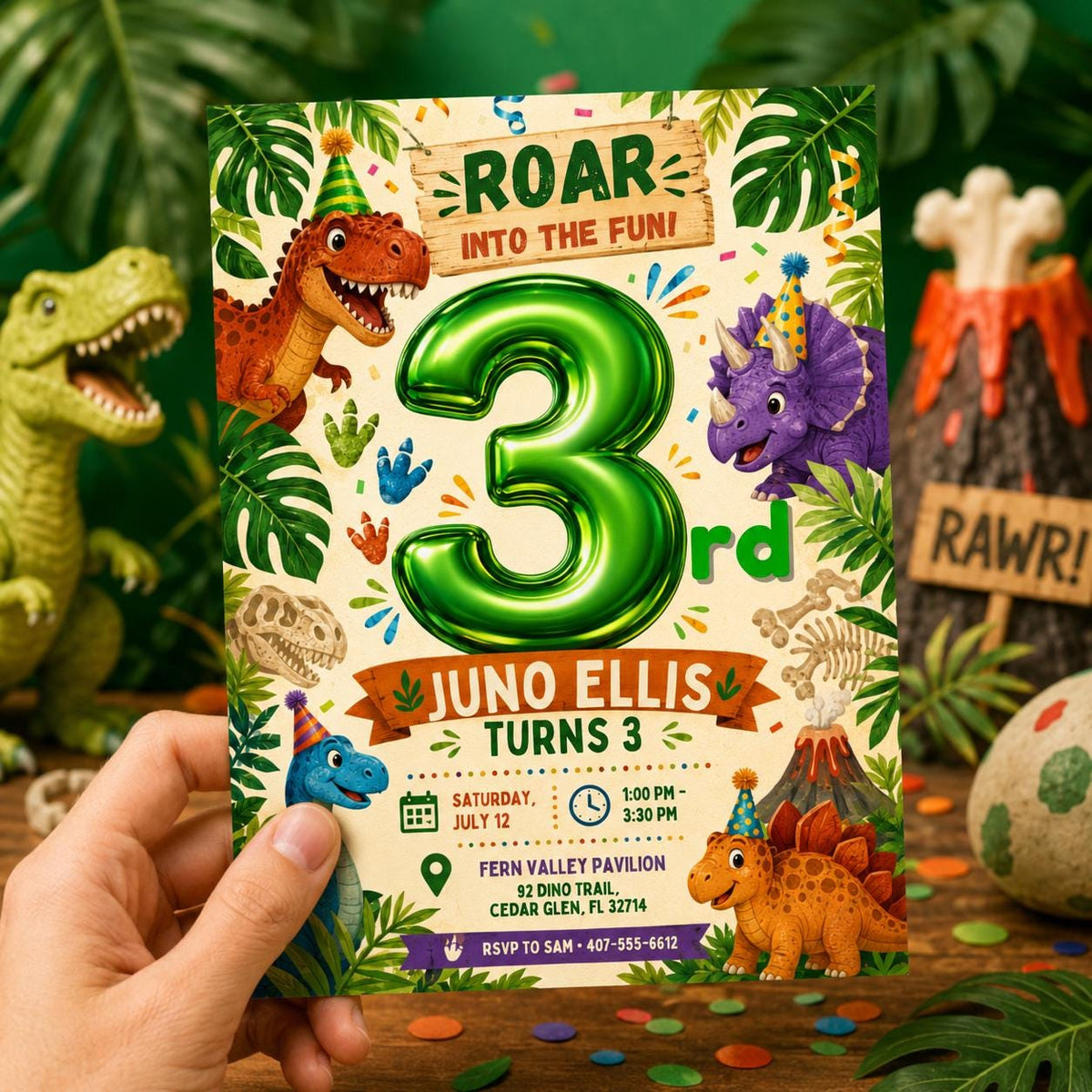 Dinosaur Birthday Invitation, Three Rex 3rd Birthday Party Invite, Editable Printable Canva Template