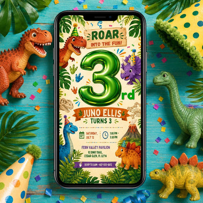 Dinosaur Birthday Invitation, Three Rex 3rd Birthday Party Invite, Editable Printable Canva Template