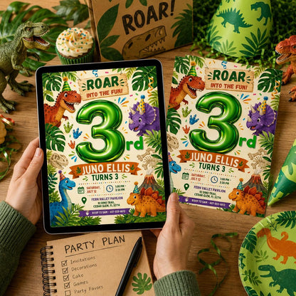 Dinosaur Birthday Invitation, Three Rex 3rd Birthday Party Invite, Editable Printable Canva Template