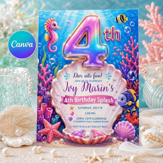 Under the Sea 4th Birthday Invitation, Mermaid Ocean Girl Party Invite, Editable Printable Canva Template