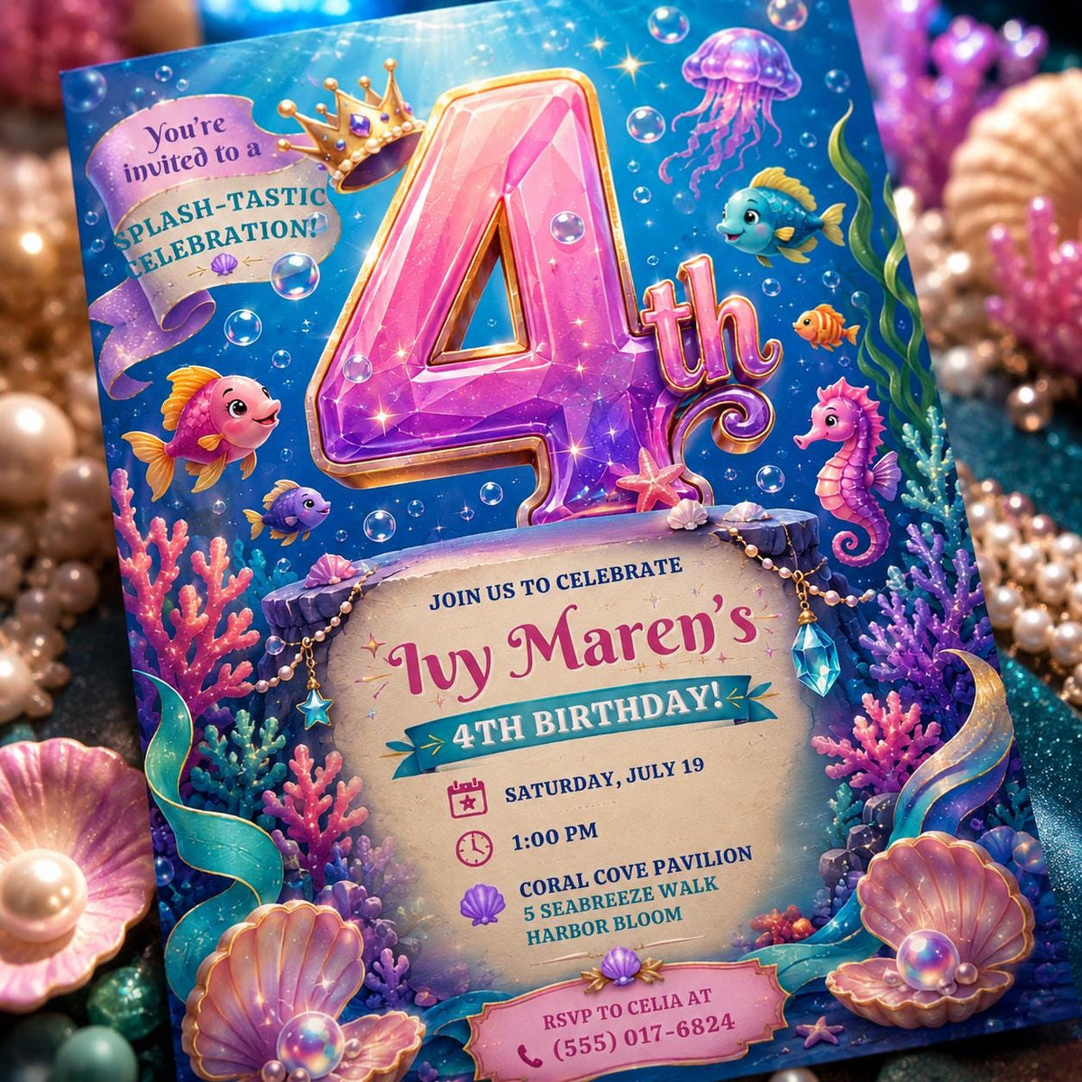 Mermaid 4th Birthday Invitation, Under the Sea Girl Party Invite, Ocean Editable Printable Canva