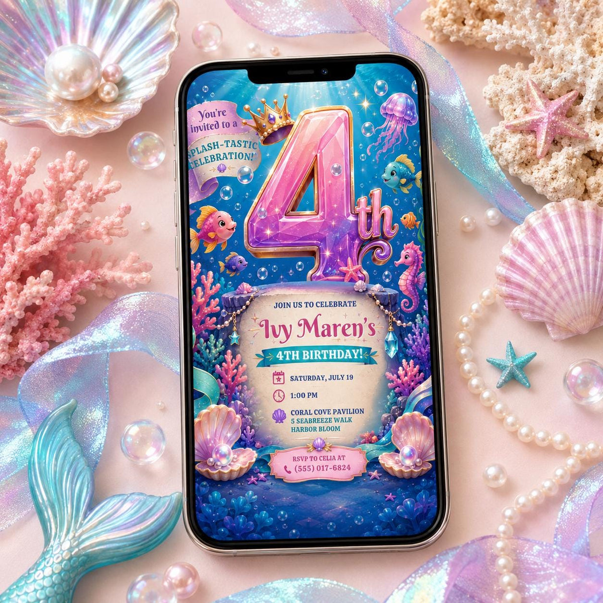 Mermaid 4th Birthday Invitation, Under the Sea Girl Party Invite, Ocean Editable Printable Canva